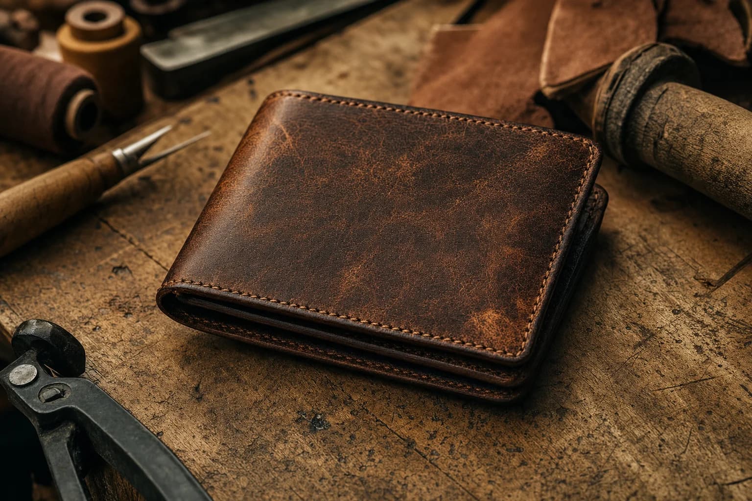 Handcrafted full-grain leather wallet on a craftsman's workbench